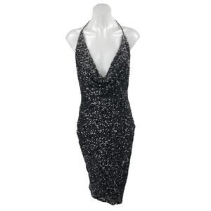 NEW Fashion Nova Black Sequin Halter Plunge Sleeveless Slit Sheath Mini Dress S